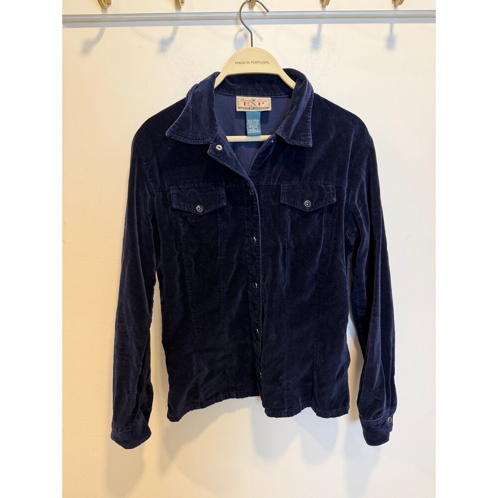 Vintage Express Y2K Navy Blue Cotton Velvet Utility Jacket Snap Front